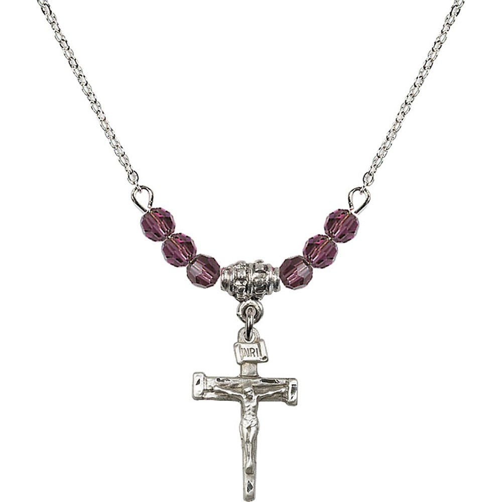 Sterling Silver Nail Crucifix Birthstone Necklace with Amethyst Beads - 0072