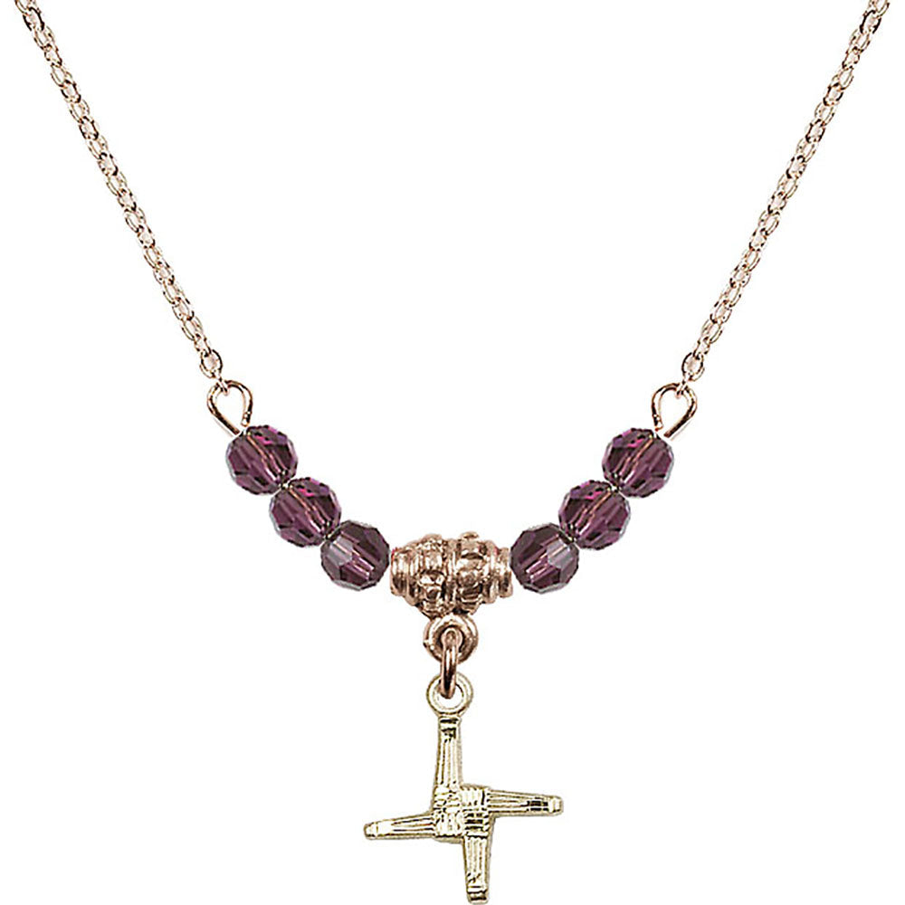14kt Gold Filled Saint Brigid Cross Birthstone Necklace with Amethyst Beads - 0291
