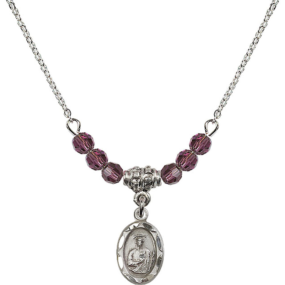 Sterling Silver Saint Jude Birthstone Necklace with Amethyst Beads - 0301
