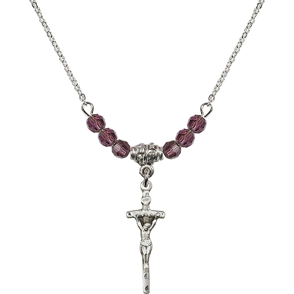 Sterling Silver Papal Crucifix Birthstone Necklace with Amethyst Beads - 0563