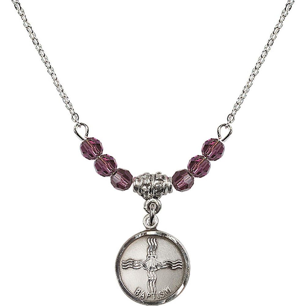 Sterling Silver Baptism Birthstone Necklace with Amethyst Beads - 0601