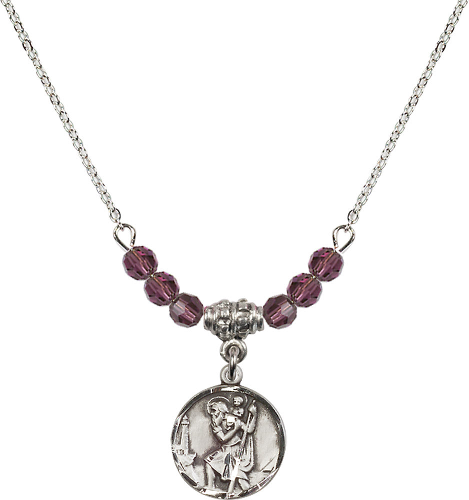 Sterling Silver Saint Christopher Birthstone Necklace with Amethyst Beads - 0601