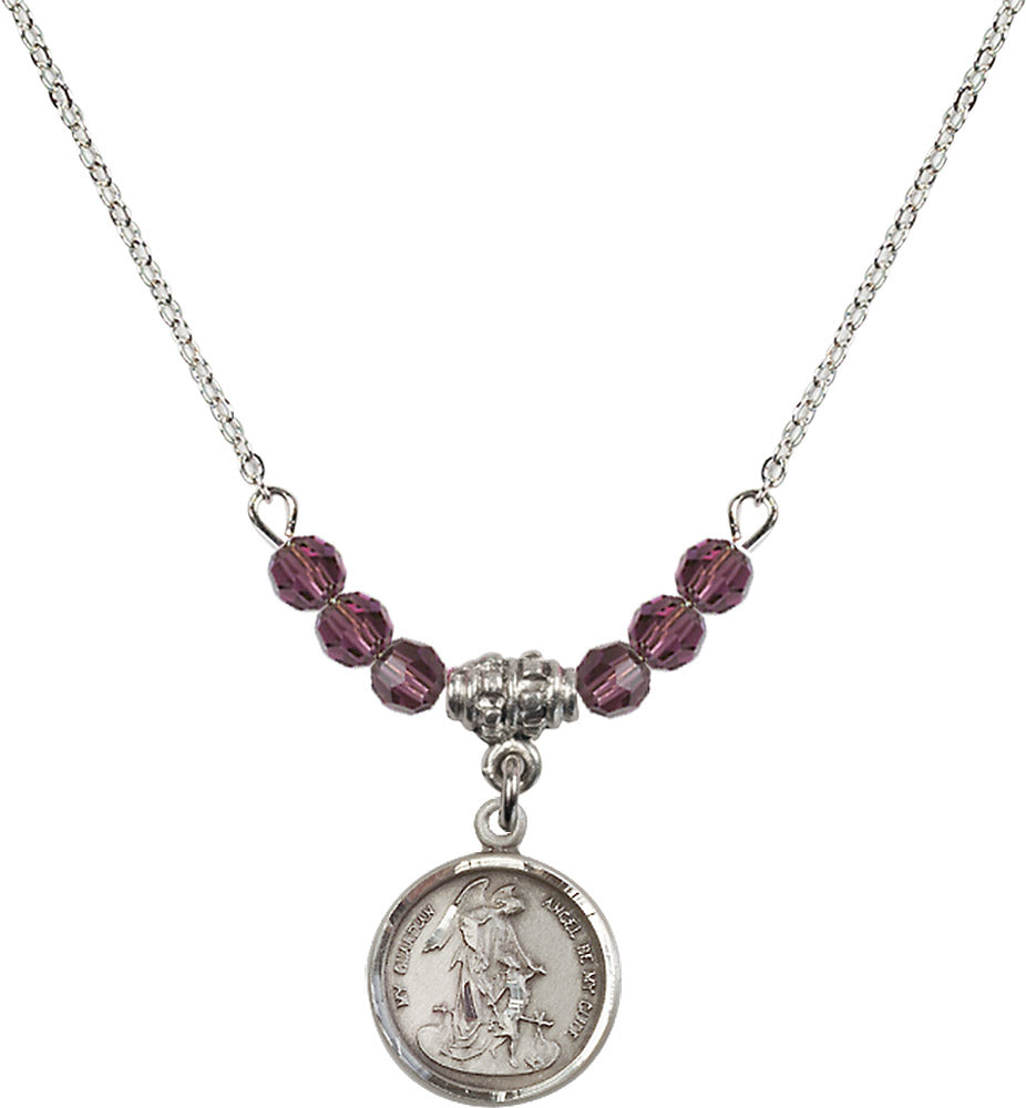 Sterling Silver Guardian Angel Birthstone Necklace with Amethyst Beads - 0601