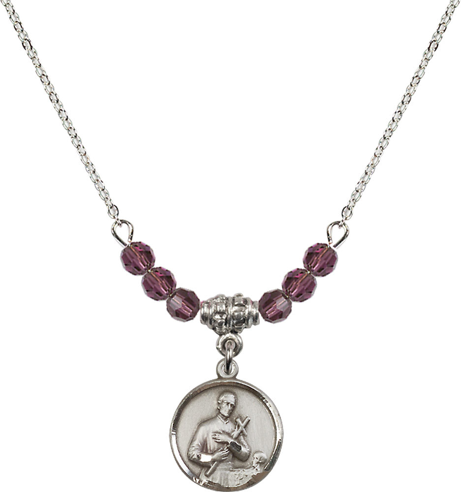 Sterling Silver Saint Gerard Birthstone Necklace with Amethyst Beads - 0601