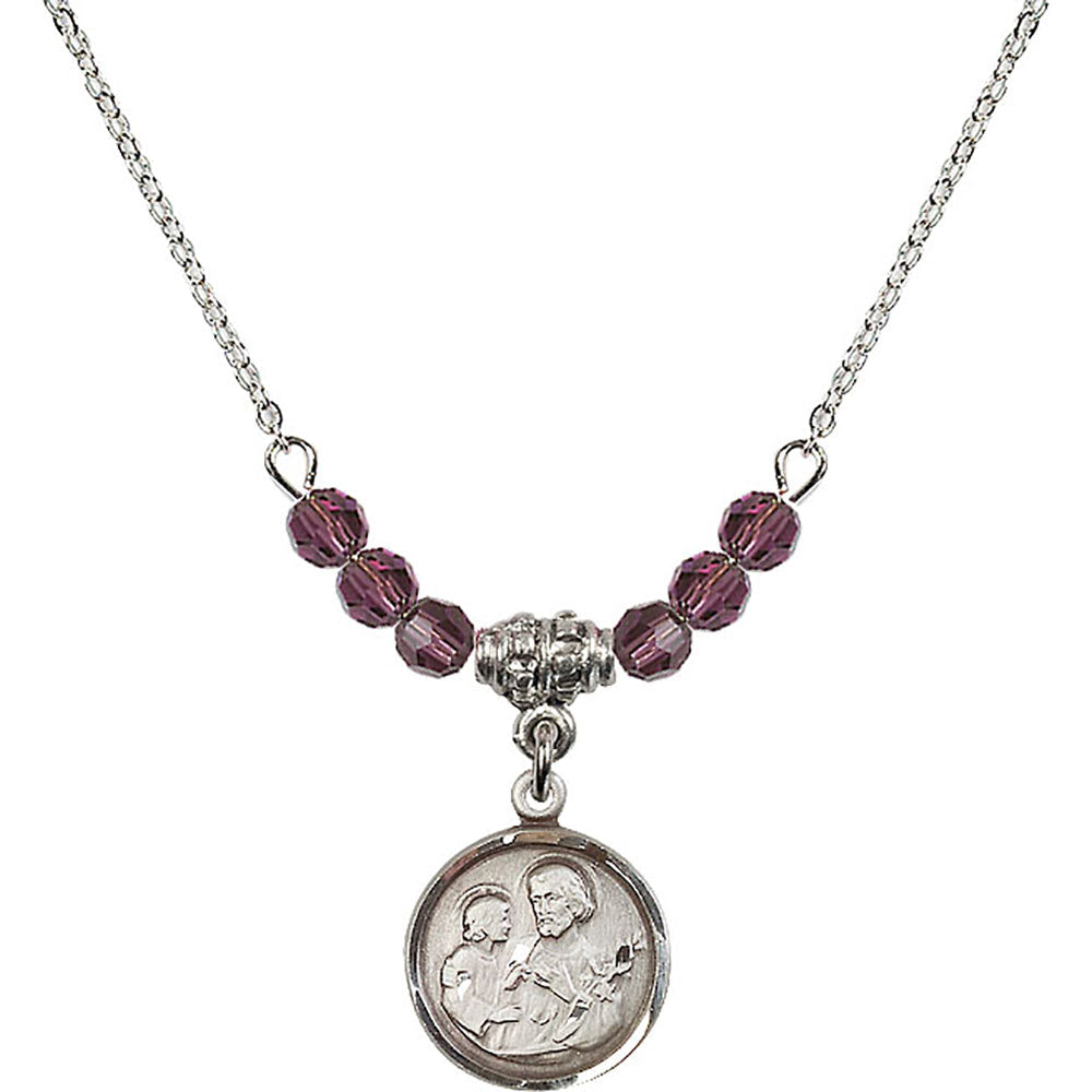 Sterling Silver Saint Joseph Birthstone Necklace with Amethyst Beads - 0601