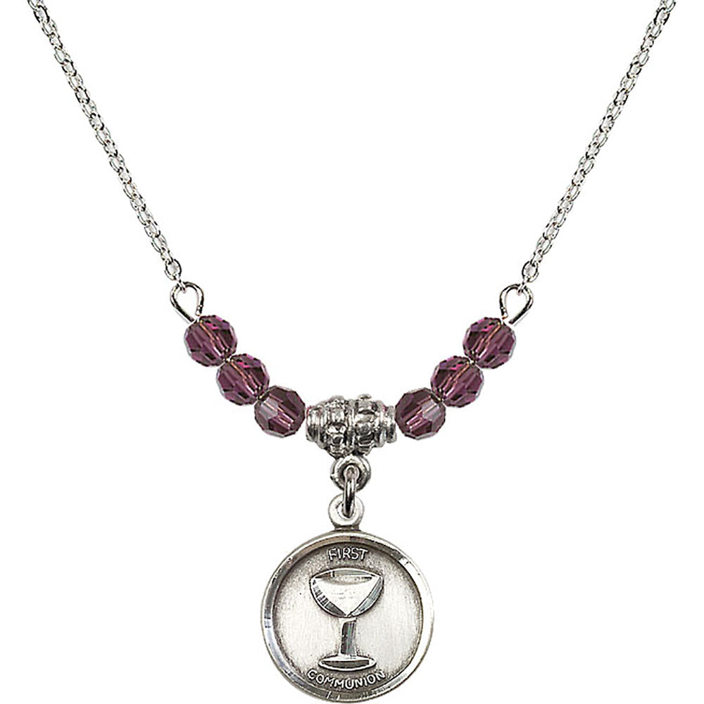 Sterling Silver Communion Birthstone Necklace with Amethyst Beads - 0601