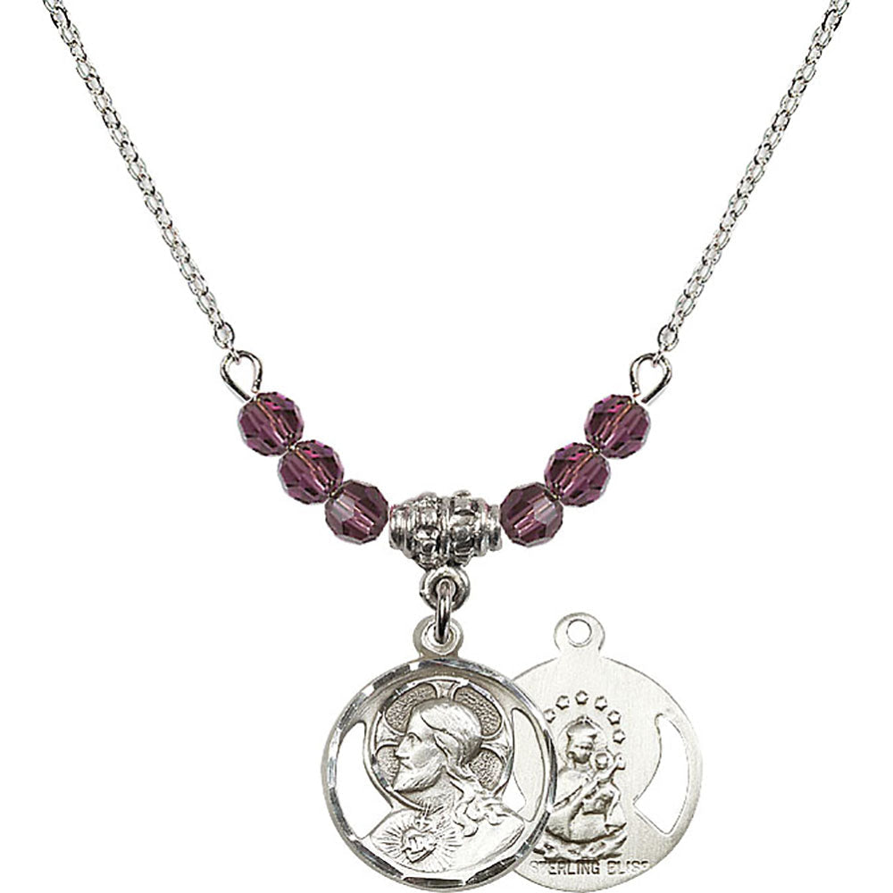 Sterling Silver Scapular Birthstone Necklace with Amethyst Beads - 0611