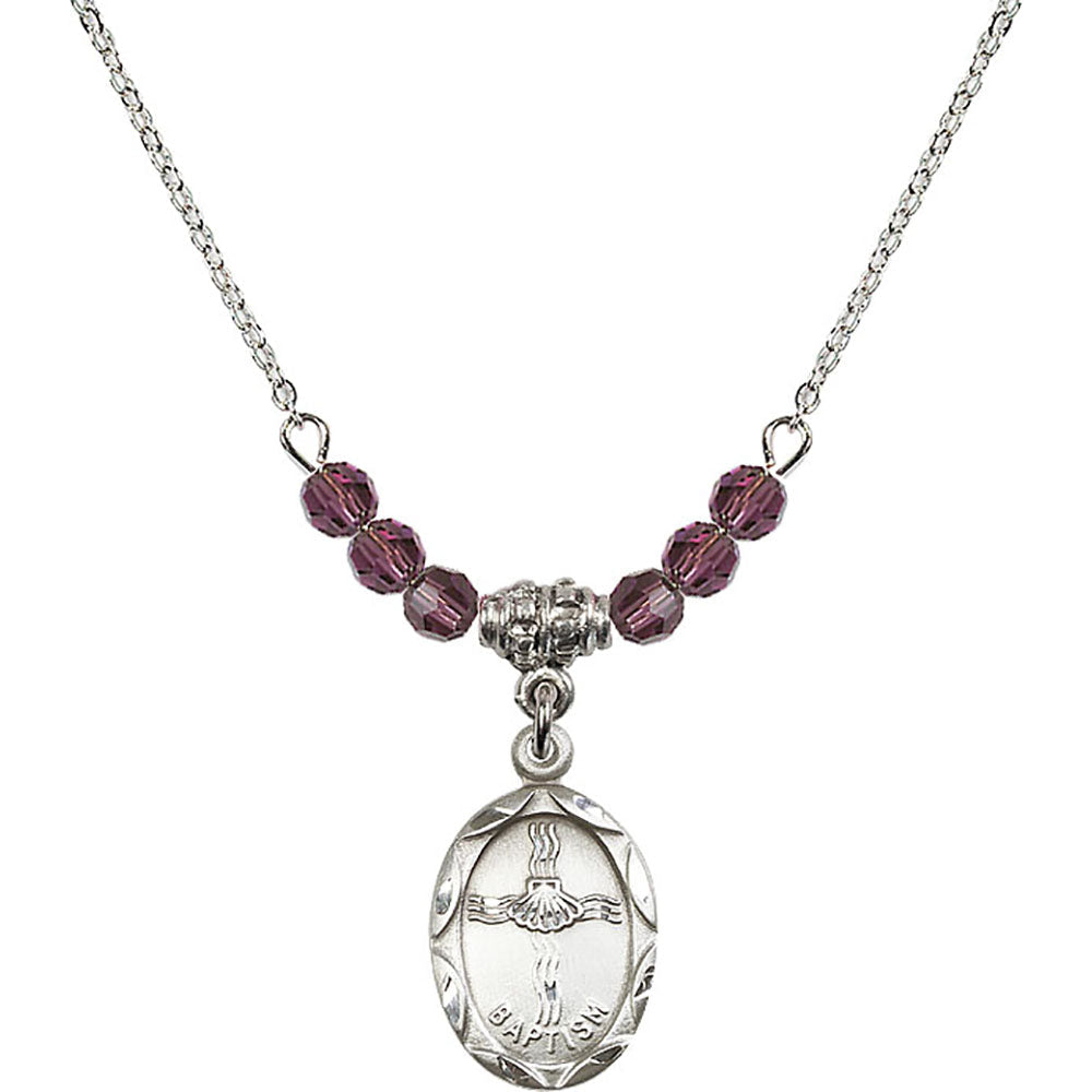 Sterling Silver Baptism Birthstone Necklace with Amethyst Beads - 0612