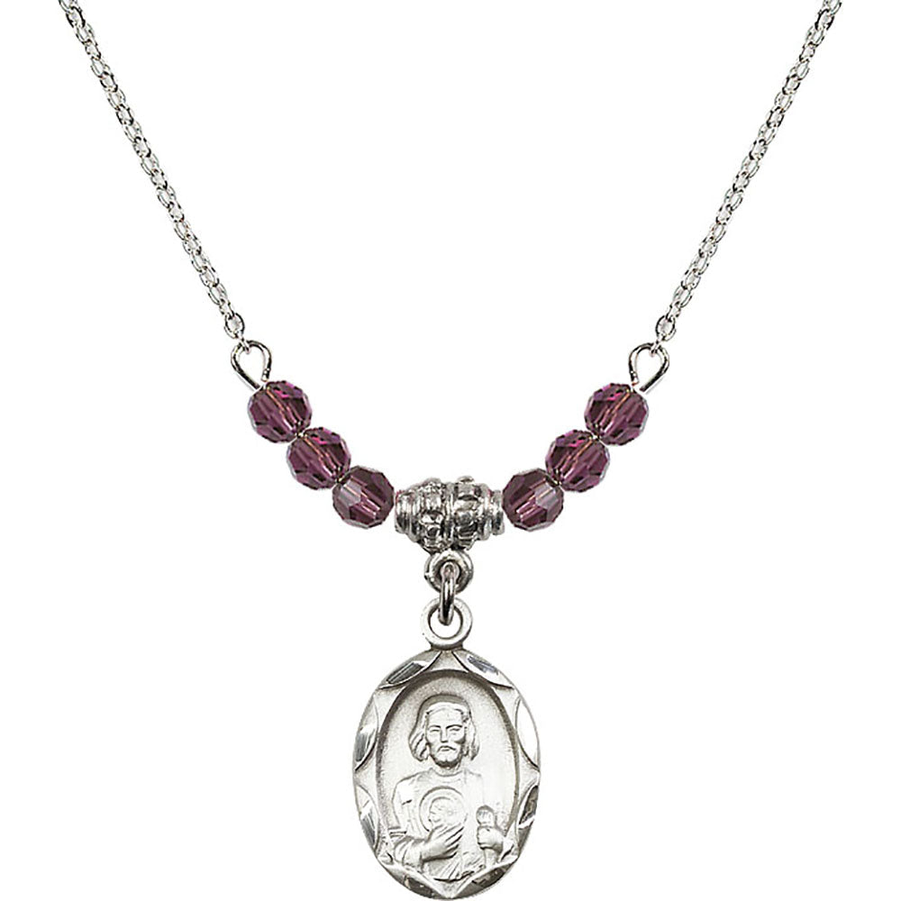 Sterling Silver Saint Jude Birthstone Necklace with Amethyst Beads - 0612