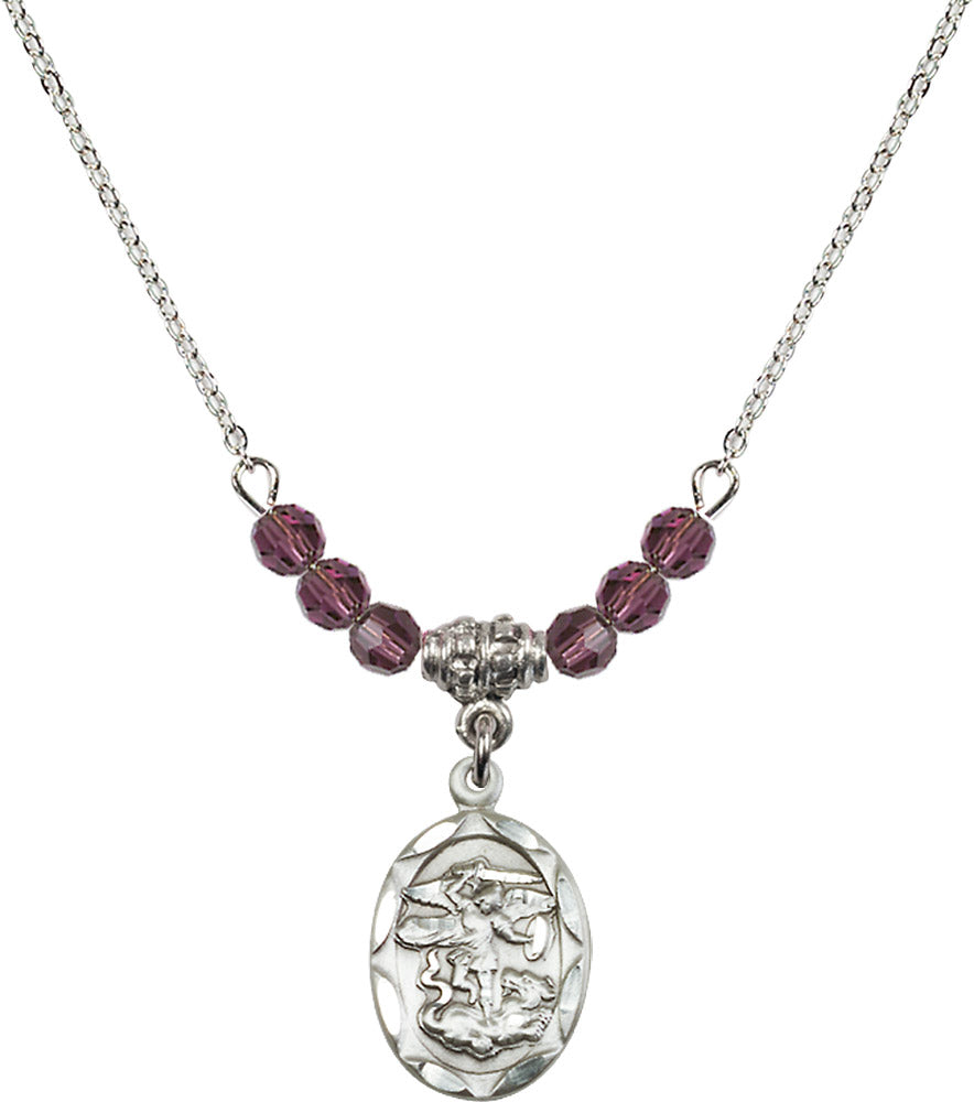 Sterling Silver Saint Michael the Archangel Birthstone Necklace with Amethyst Beads - 0612