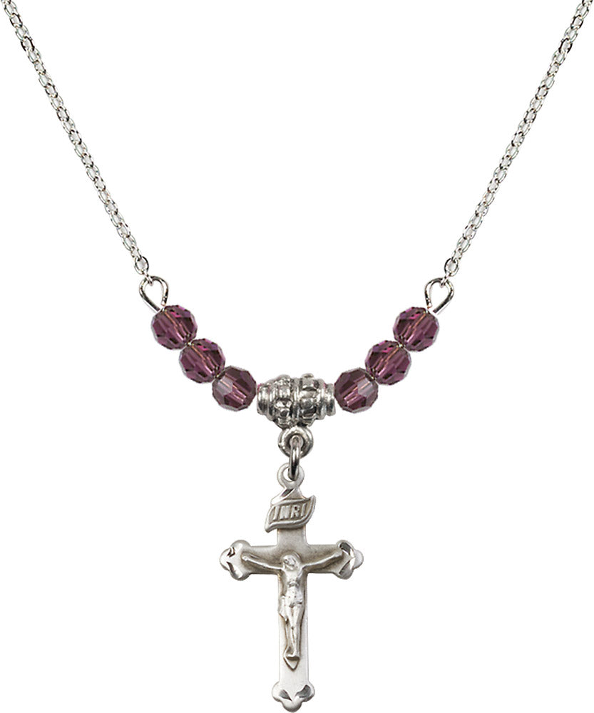 Sterling Silver Crucifix Birthstone Necklace with Amethyst Beads - 0669