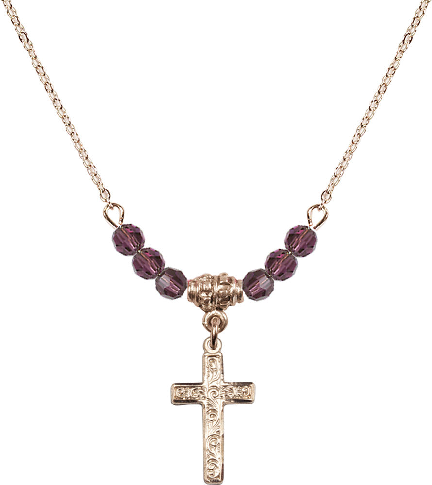 14kt Gold Filled Cross Birthstone Necklace with Amethyst Beads - 0672