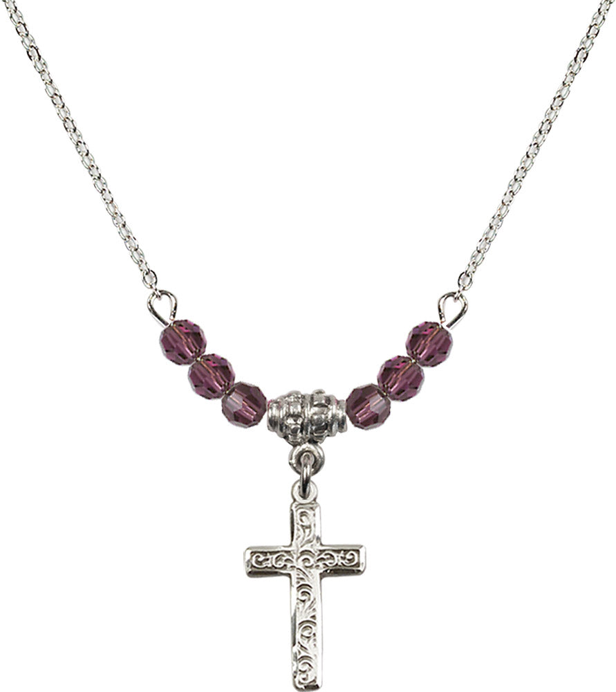 Sterling Silver Cross Birthstone Necklace with Amethyst Beads - 0672