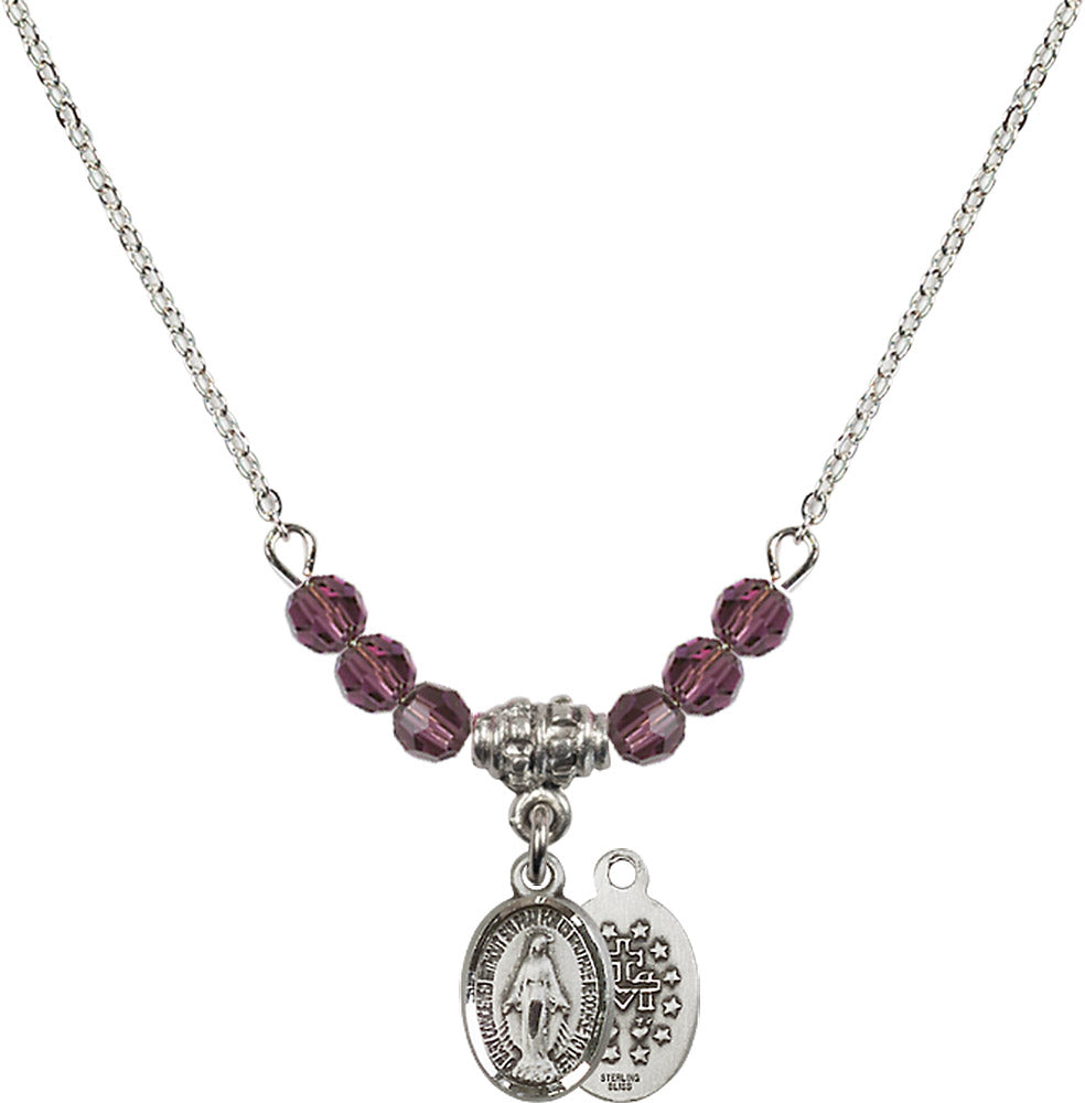 Sterling Silver Miraculous Birthstone Necklace with Amethyst Beads - 0702