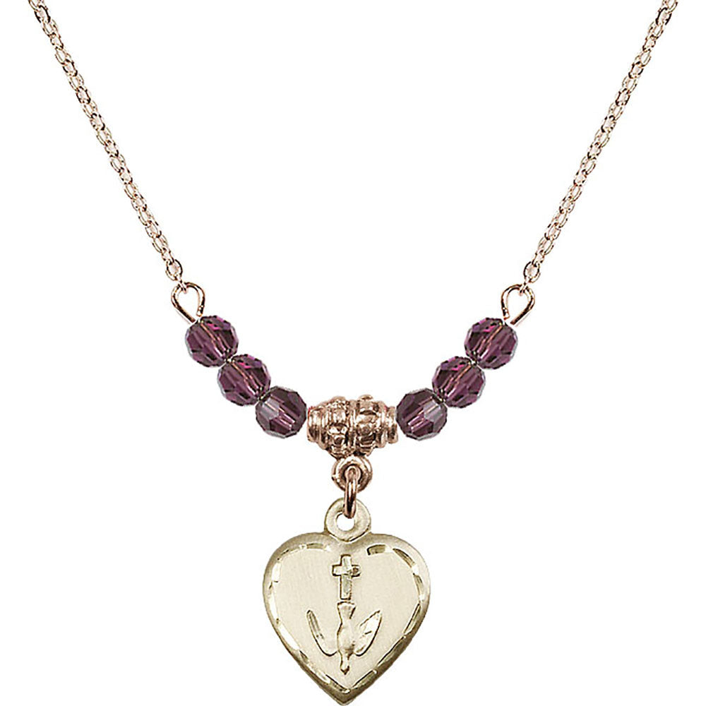 14kt Gold Filled Heart / Confirmation Birthstone Necklace with Amethyst Beads - 0891