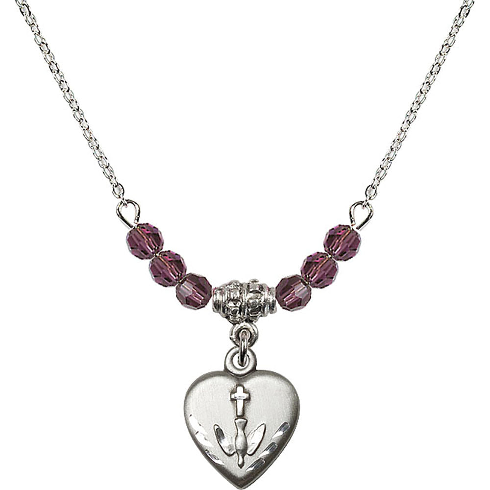 Sterling Silver Heart / Confirmation Birthstone Necklace with Amethyst Beads - 0891
