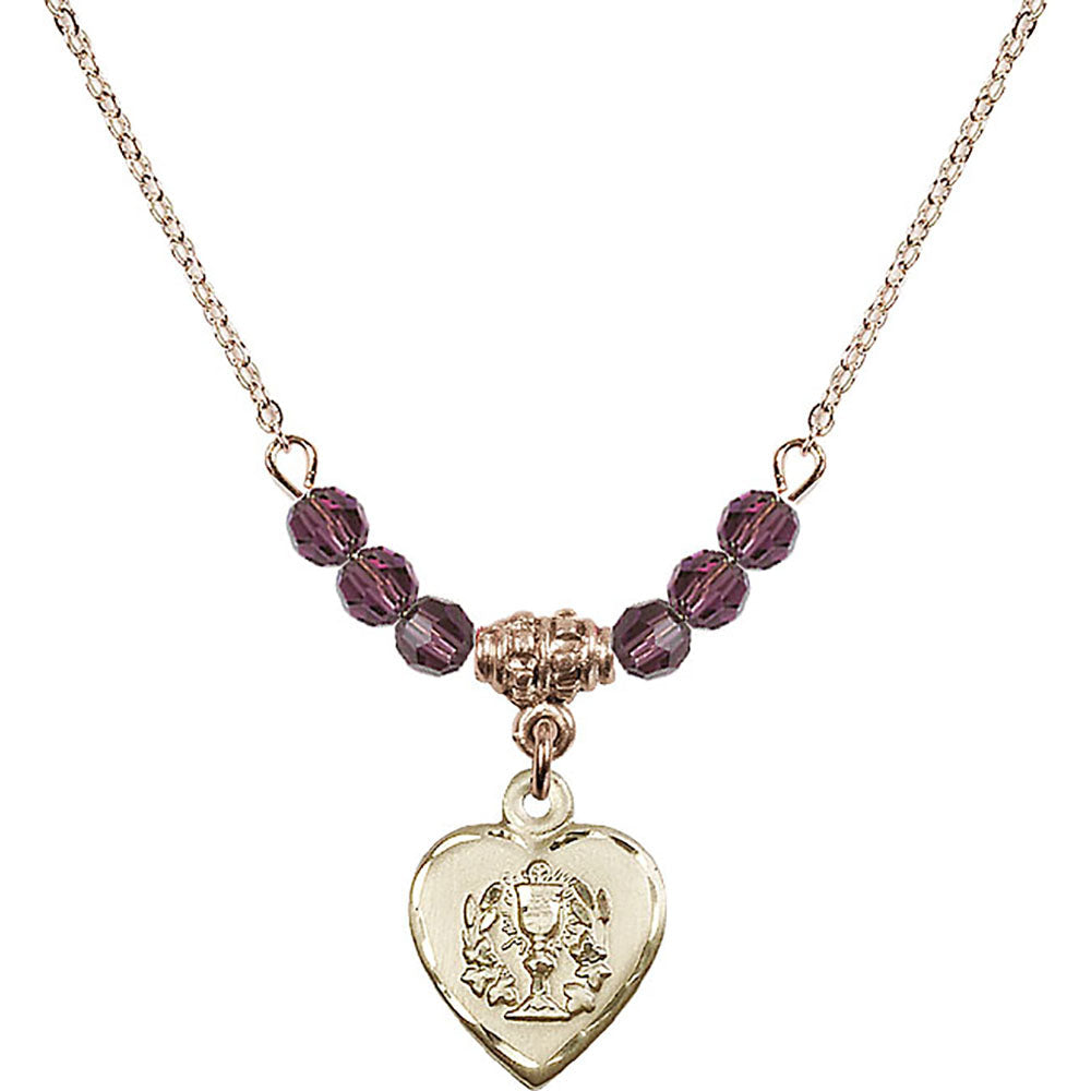 14kt Gold Filled Heart / Communion Birthstone Necklace with Amethyst Beads - 0892