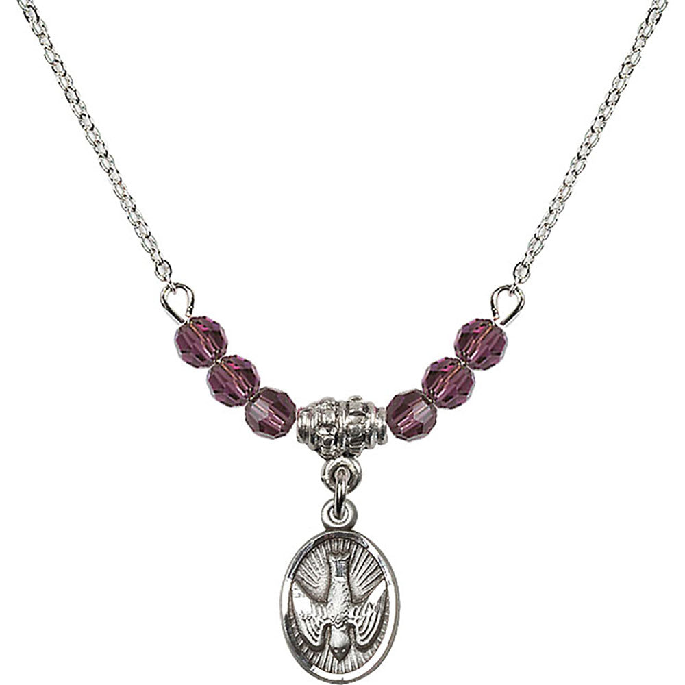 Sterling Silver Holy Spirit Birthstone Necklace with Amethyst Beads - 0982