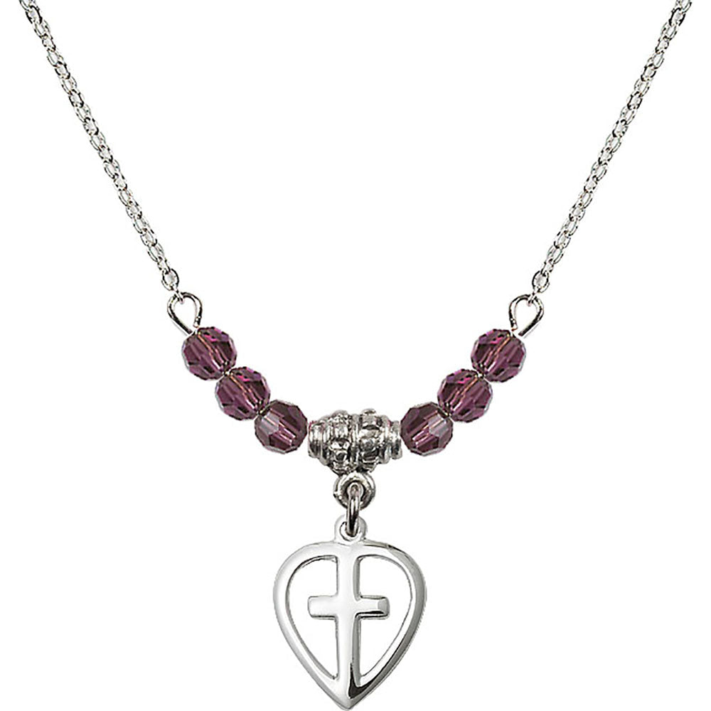 Sterling Silver Heart / Cross Birthstone Necklace with Amethyst Beads - 1709