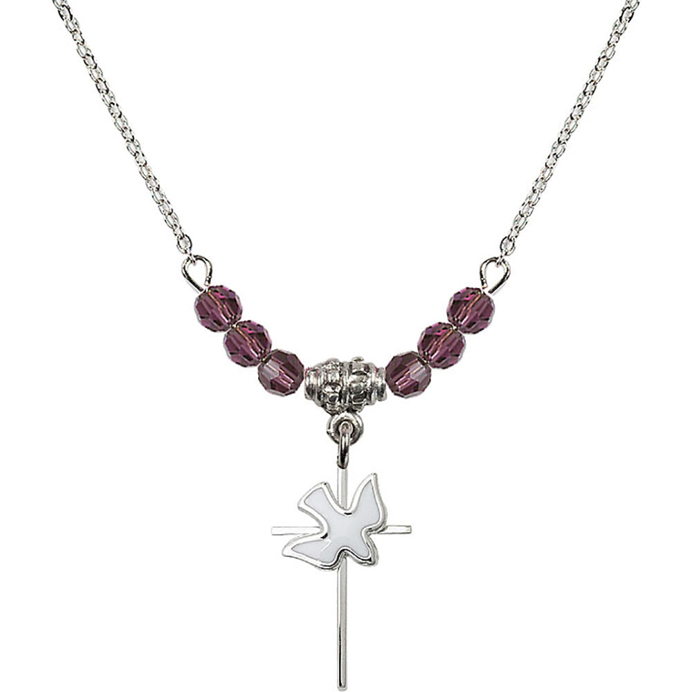 Sterling Silver Cross / Holy Spirit Birthstone Necklace with Amethyst Beads - 1812