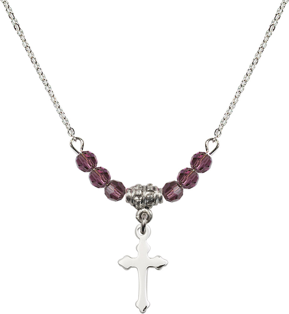 Sterling Silver Cross Birthstone Necklace with Amethyst Beads - 2528