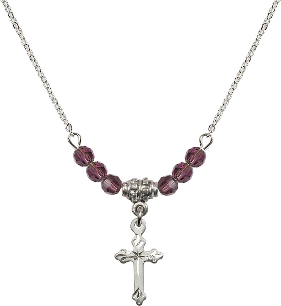 Sterling Silver Cross Birthstone Necklace with Amethyst Beads - 2531