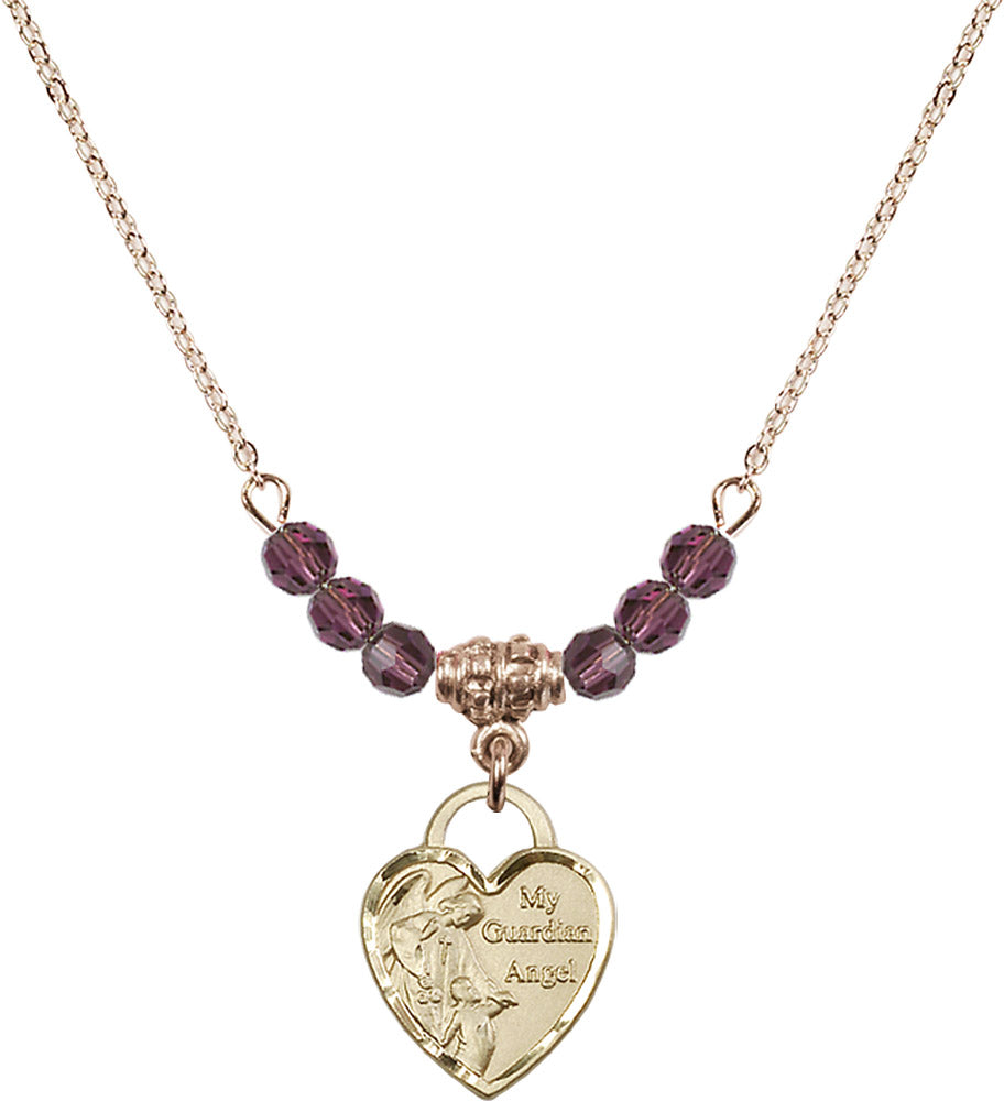 14kt Gold Filled Guardian Angel Heart Birthstone Necklace with Amethyst Beads - 3402