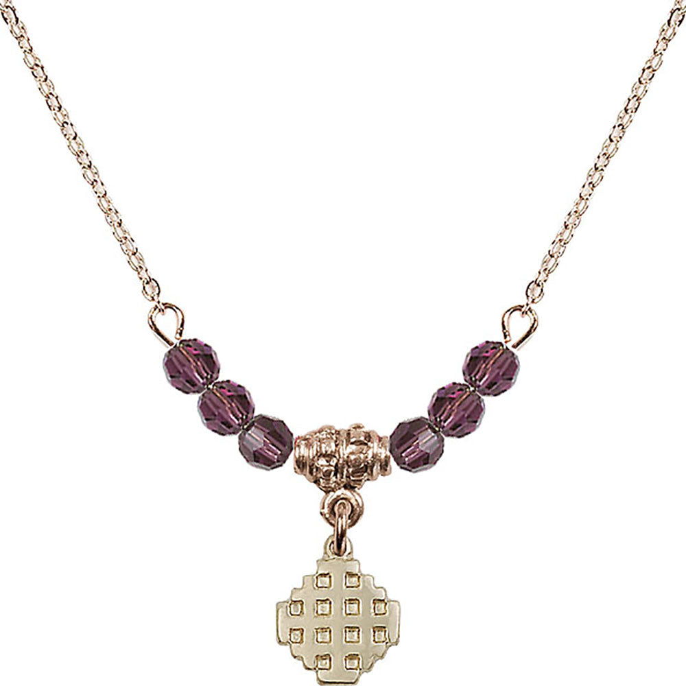 14kt Gold Filled Jerusalem Cross Birthstone Necklace with Amethyst Beads - 4118