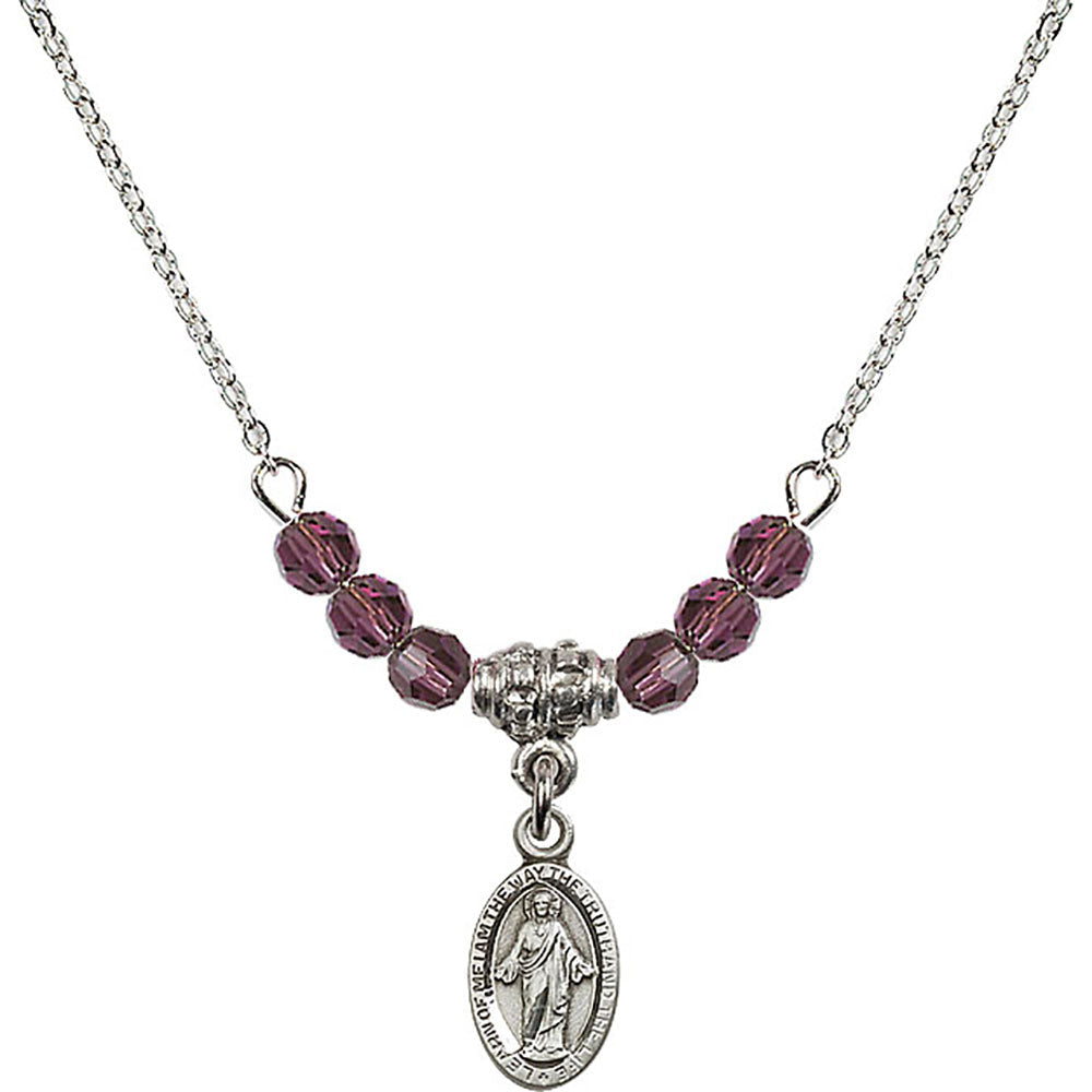 Sterling Silver Scapular Birthstone Necklace with Amethyst Beads - 4121