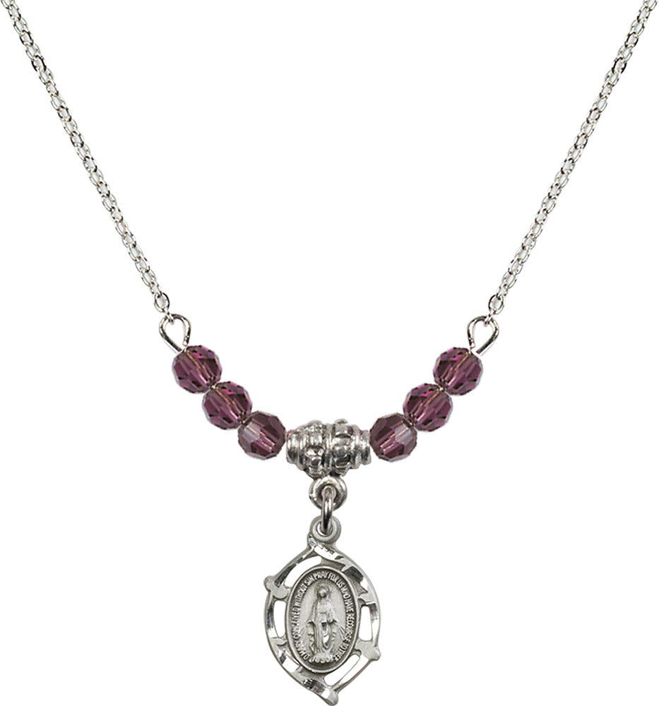 Sterling Silver Miraculous Birthstone Necklace with Amethyst Beads - 4152