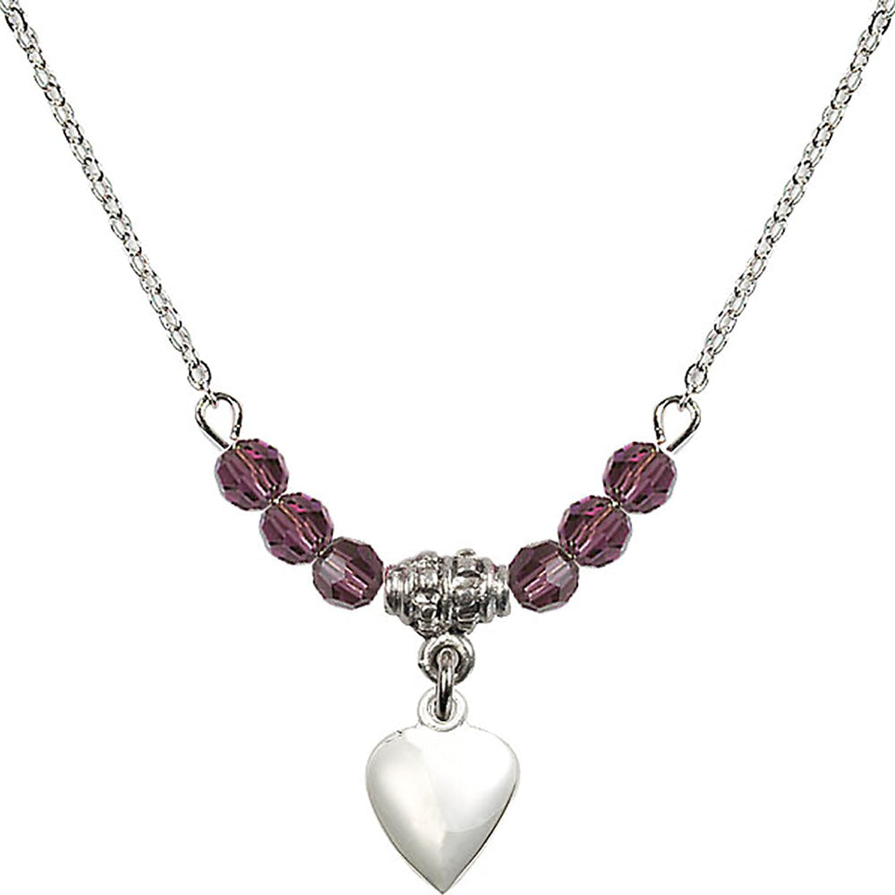 Sterling Silver Heart Birthstone Necklace with Amethyst Beads - 4158