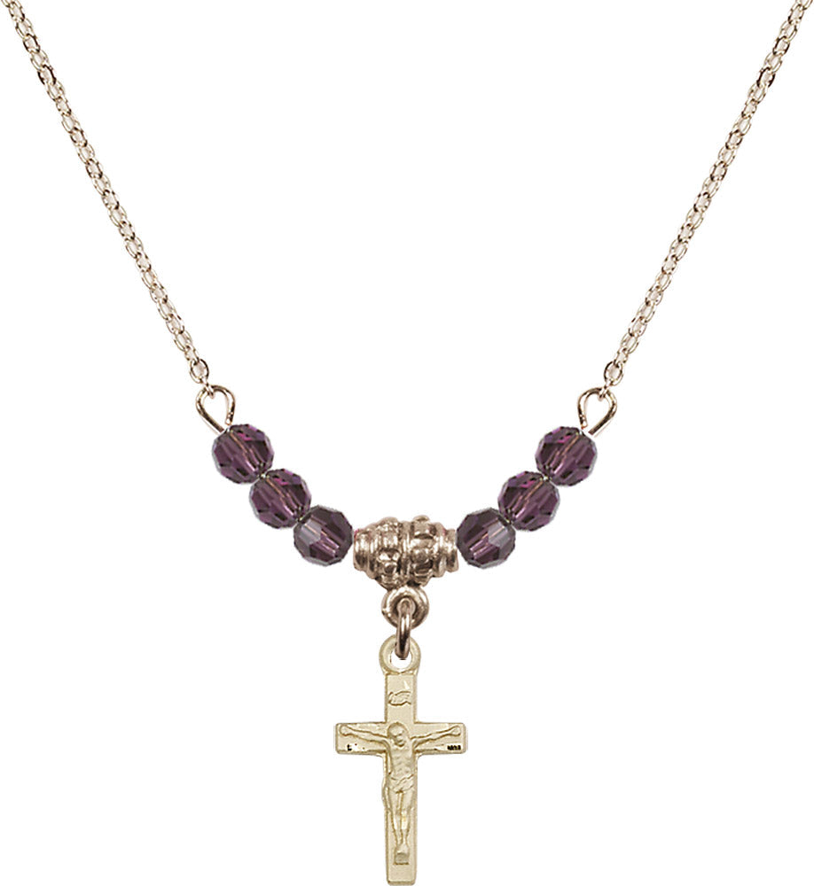 14kt Gold Filled Crucifix Birthstone Necklace with Amethyst Beads - 5417