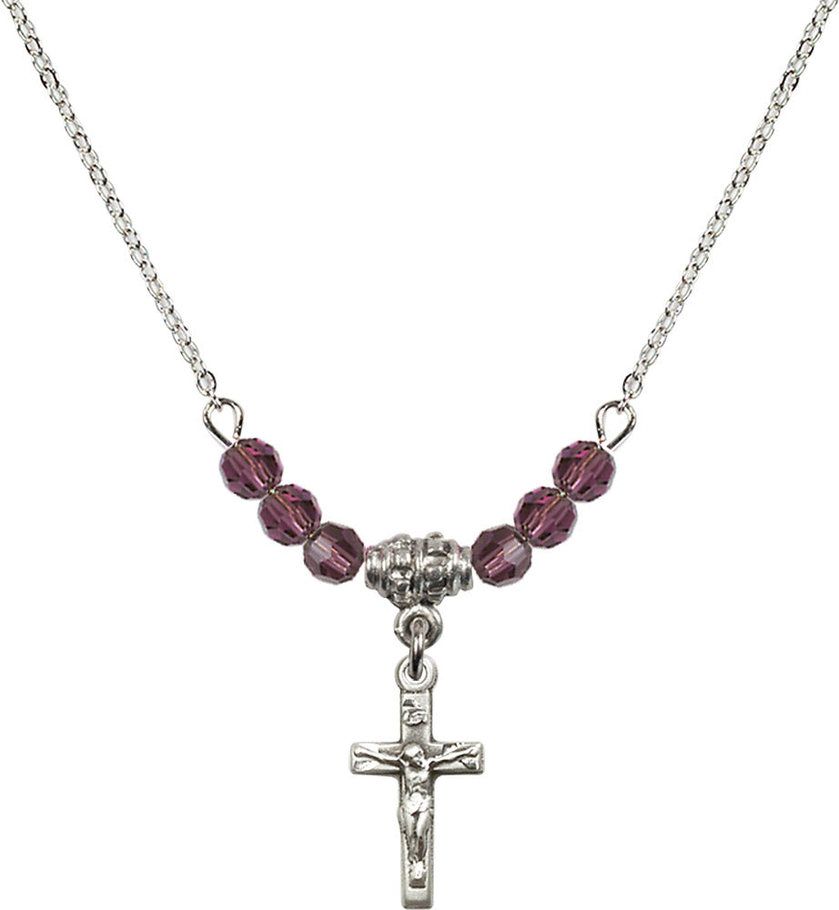 Sterling Silver Crucifix Birthstone Necklace with Amethyst Beads - 5417
