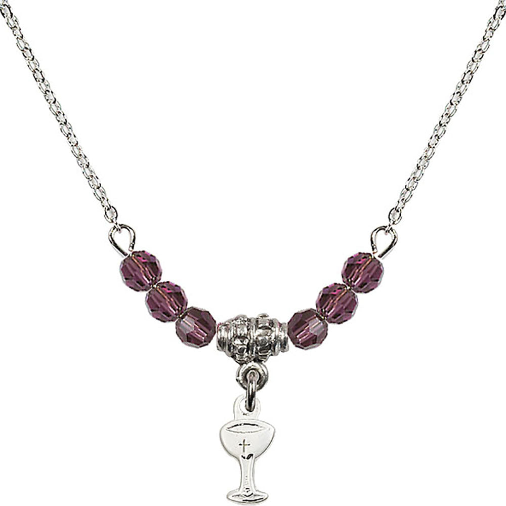 Sterling Silver Chalice Birthstone Necklace with Amethyst Beads - 5614