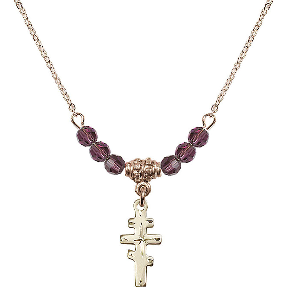 14kt Gold Filled Greek Orthadox Cross Birthstone Necklace with Amethyst Beads - 5654