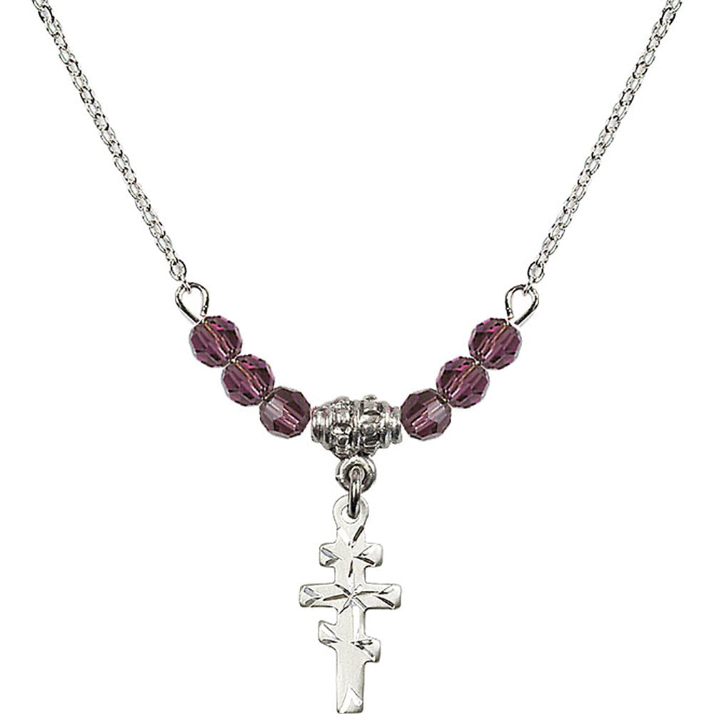 Sterling Silver Greek Orthadox Cross Birthstone Necklace with Amethyst Beads - 5654