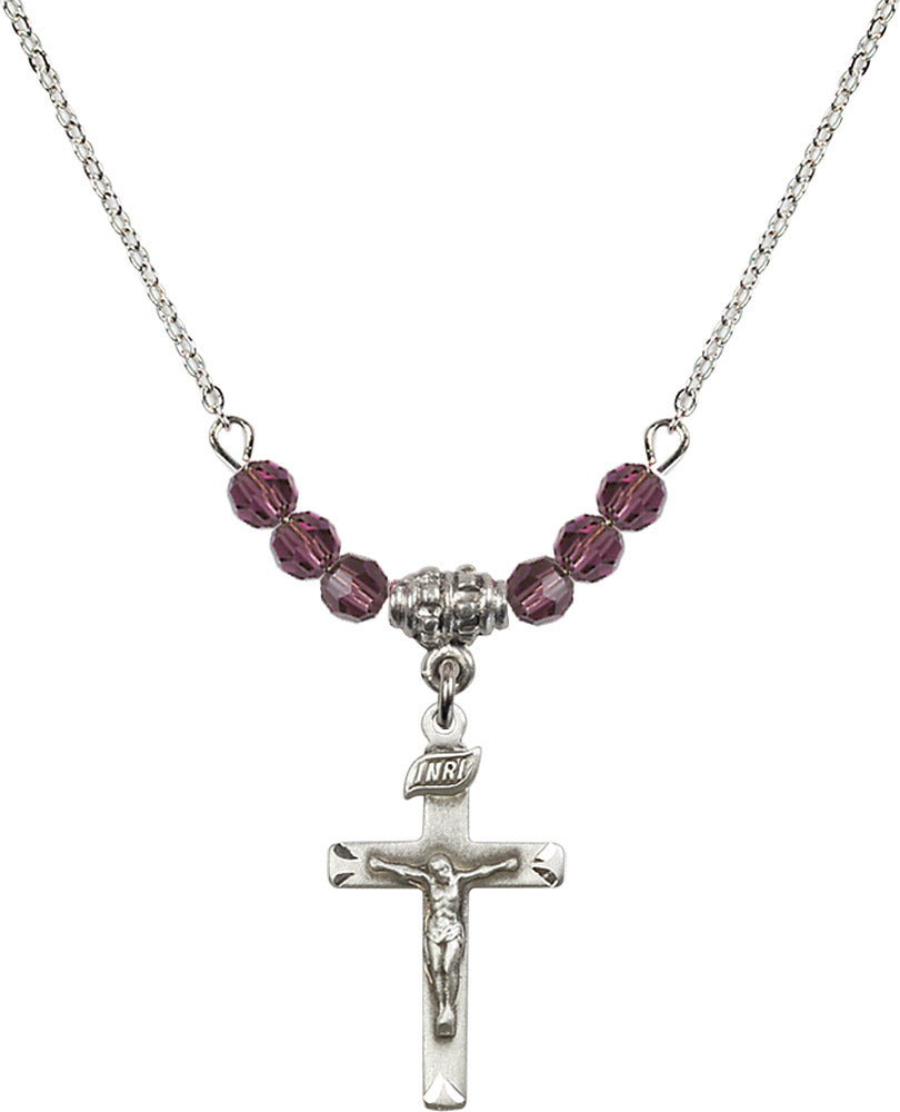 Sterling Silver Crucifix Birthstone Necklace with Amethyst Beads - 5668