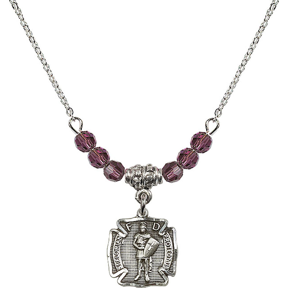 Sterling Silver Saint Florian Birthstone Necklace with Amethyst Beads - 5686