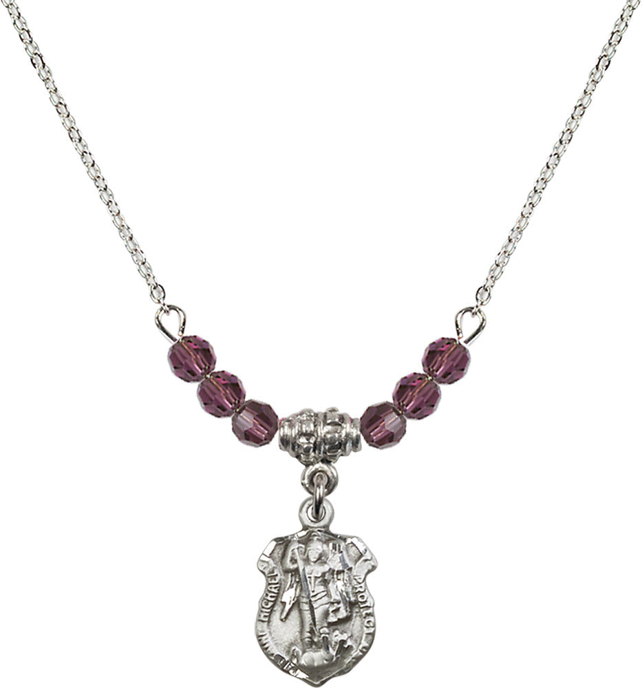 Sterling Silver Saint Michael the Archangel Birthstone Necklace with Amethyst Beads - 5699