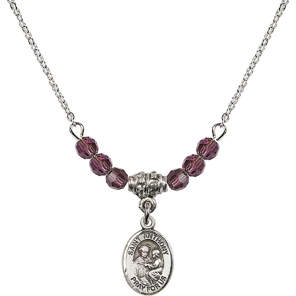 Sterling Silver Saint Anthony of Padua Birthstone Necklace with Amethyst Beads - 9004
