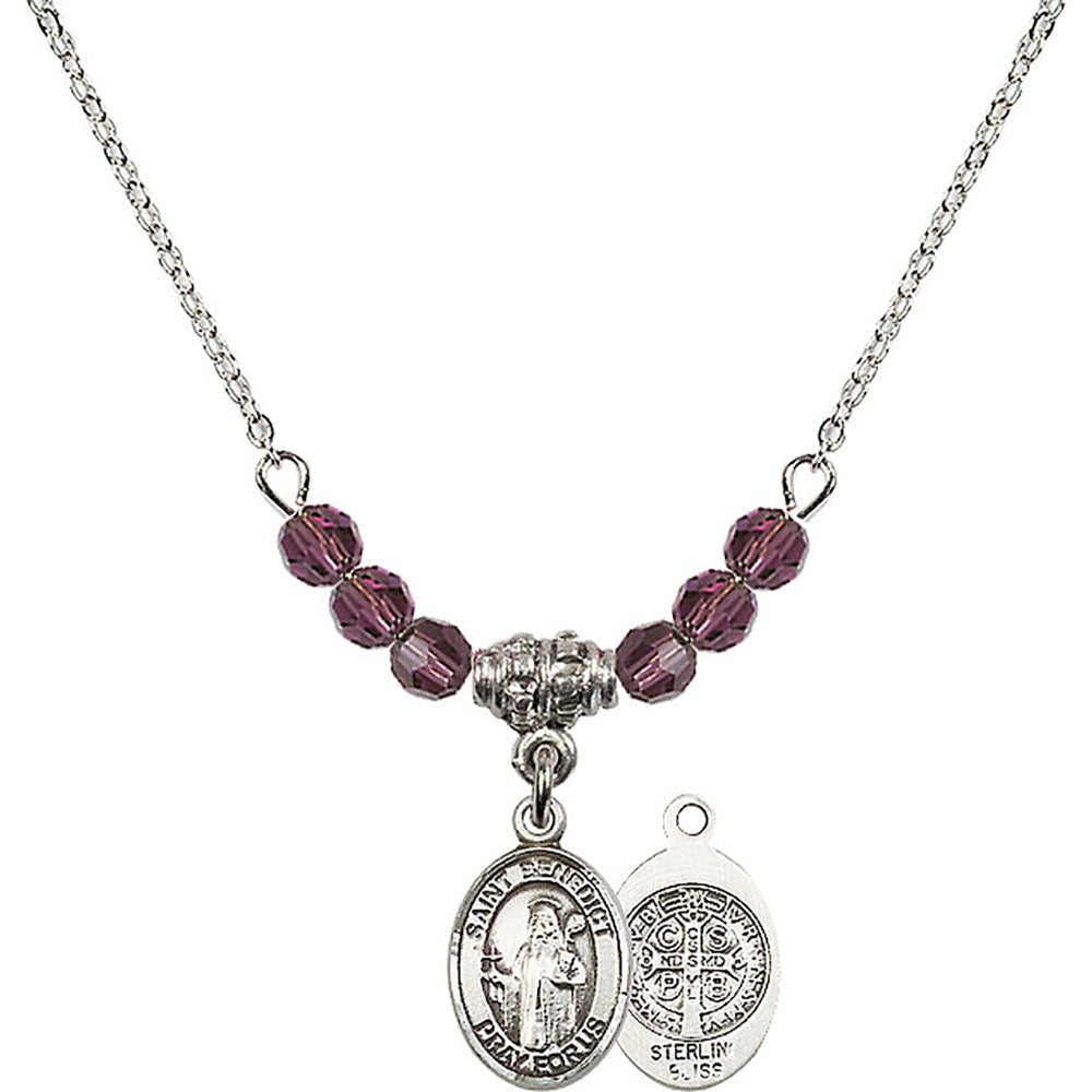 Sterling Silver Saint Benedict Birthstone Necklace with Amethyst Beads - 9008