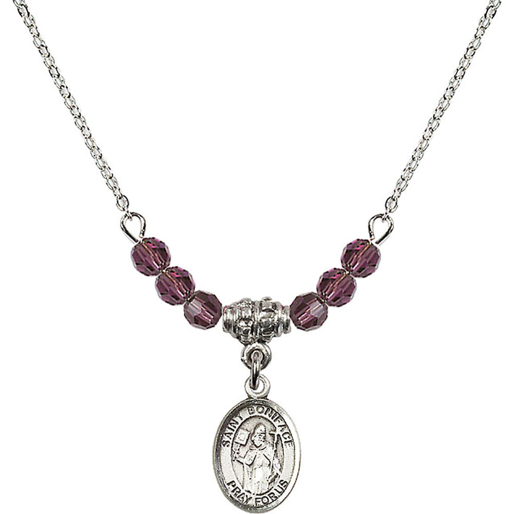 Sterling Silver Saint Boniface Birthstone Necklace with Amethyst Beads - 9009
