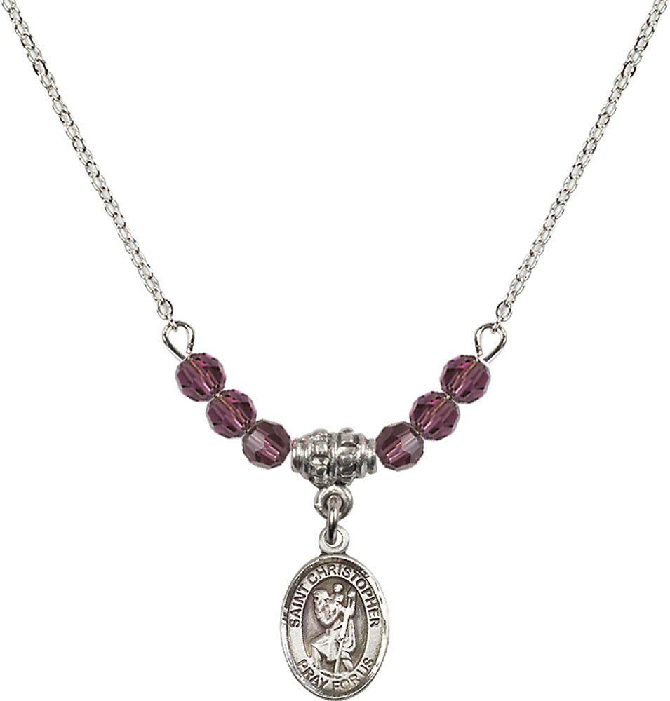 Sterling Silver Saint Christopher Birthstone Necklace with Amethyst Beads - 9022