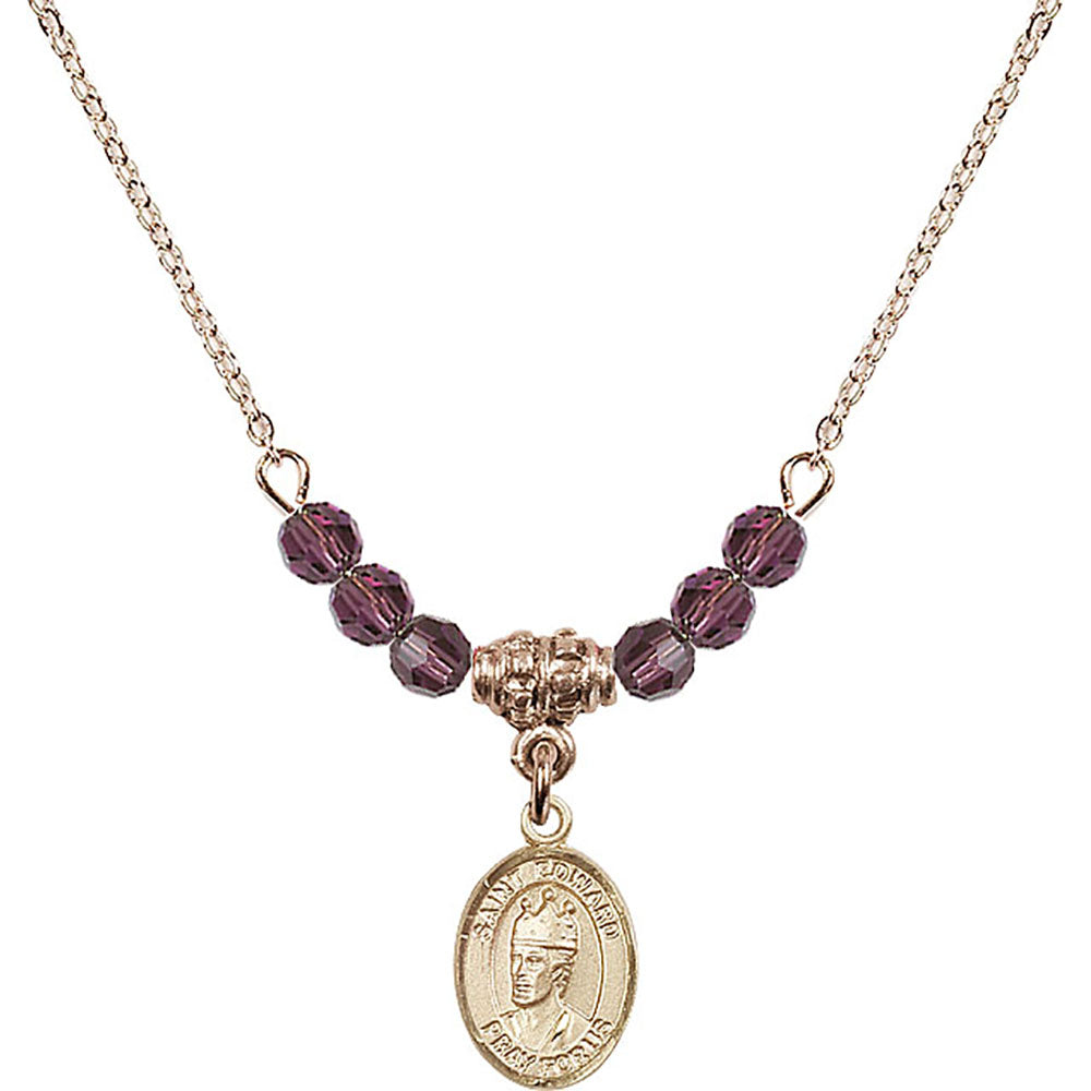 14kt Gold Filled Saint Edward the Confessor Birthstone Necklace with Amethyst Beads - 9026