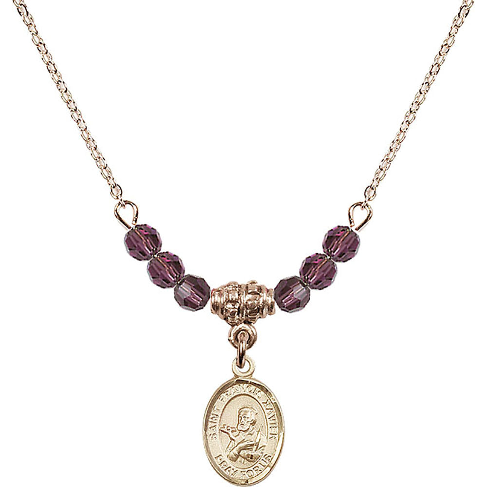 14kt Gold Filled Saint Francis Xavier Birthstone Necklace with Amethyst Beads - 9037