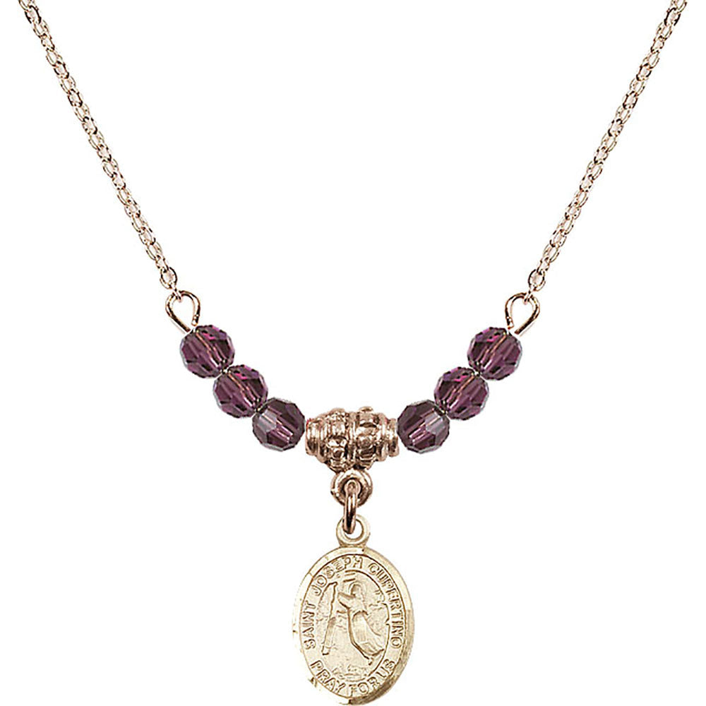 14kt Gold Filled Saint Joseph of Cupertino Birthstone Necklace with Amethyst Beads - 9057