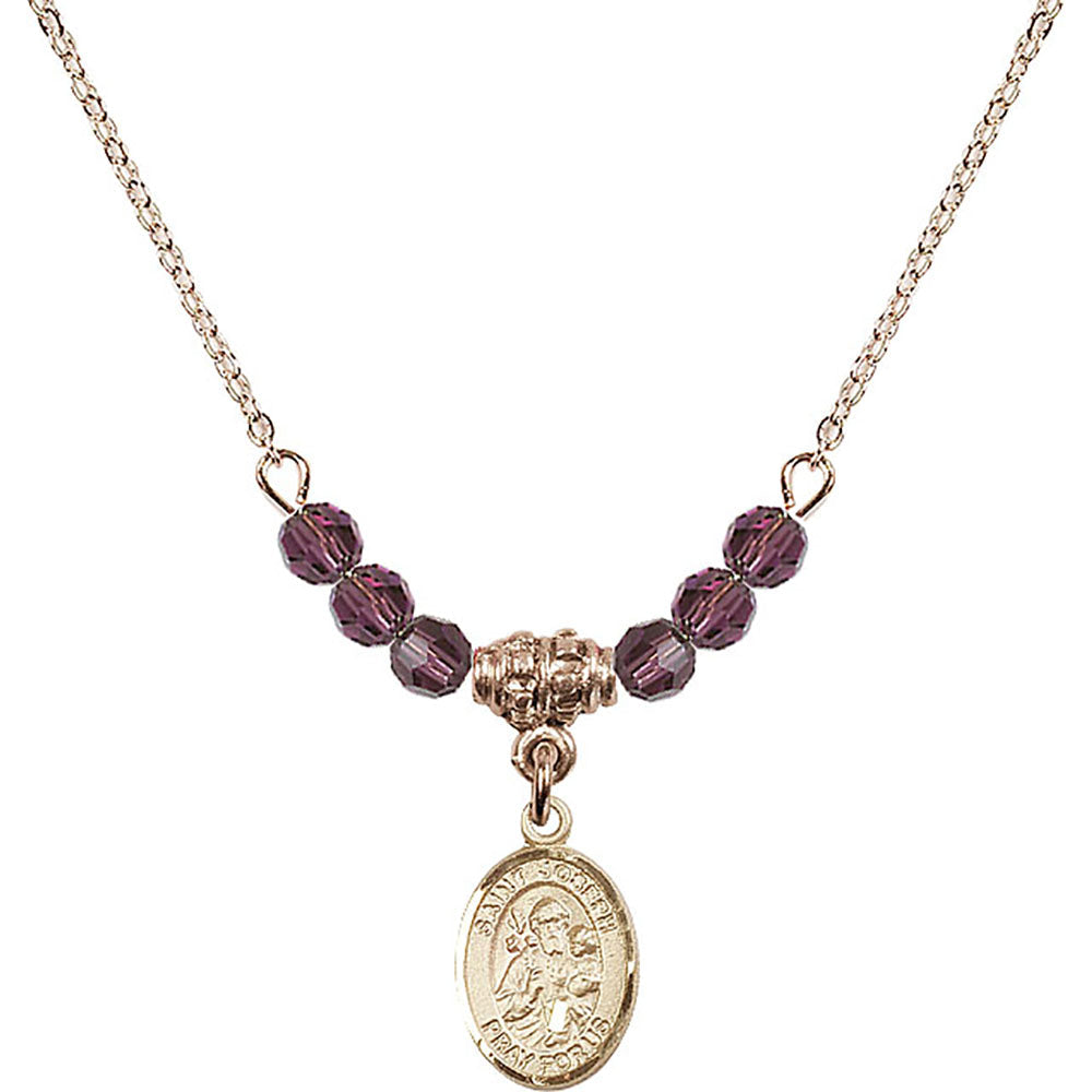 14kt Gold Filled Saint Joseph Birthstone Necklace with Amethyst Beads - 9058