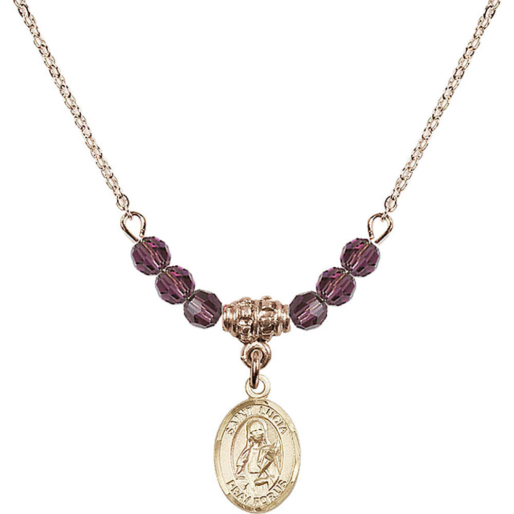 14kt Gold Filled Saint Lucia of Syracuse Birthstone Necklace with Amethyst Beads - 9065