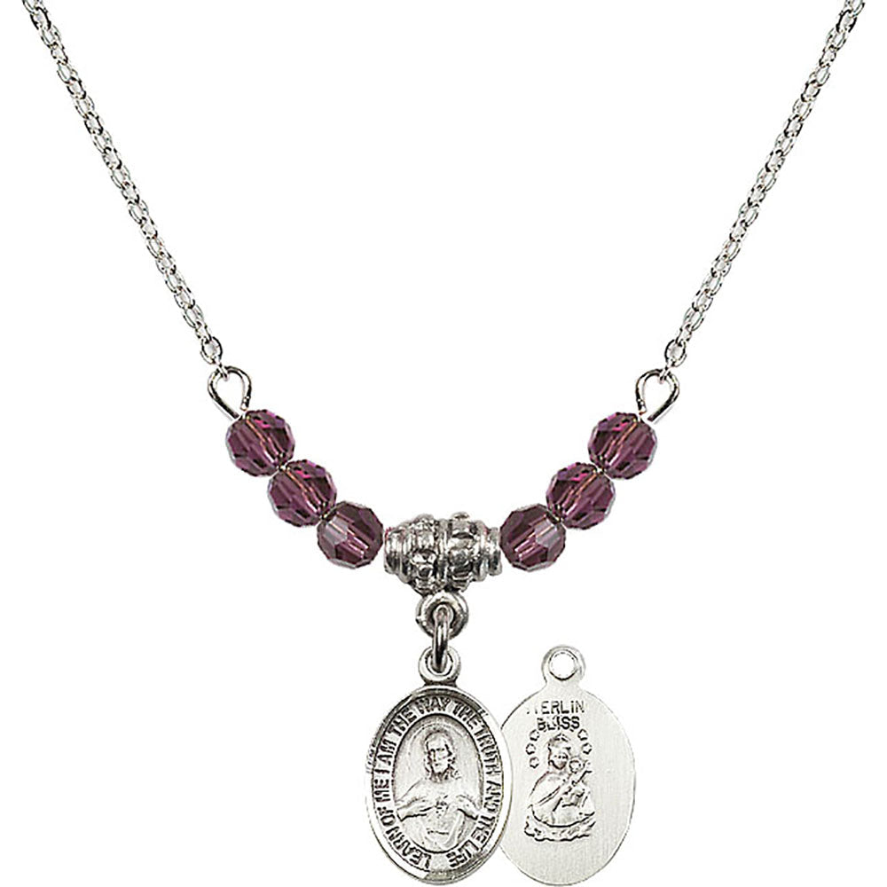 Sterling Silver Scapular Birthstone Necklace with Amethyst Beads - 9098