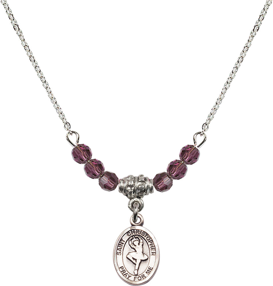 Sterling Silver Saint Christopher/Dance Birthstone Necklace with Amethyst Beads - 9143